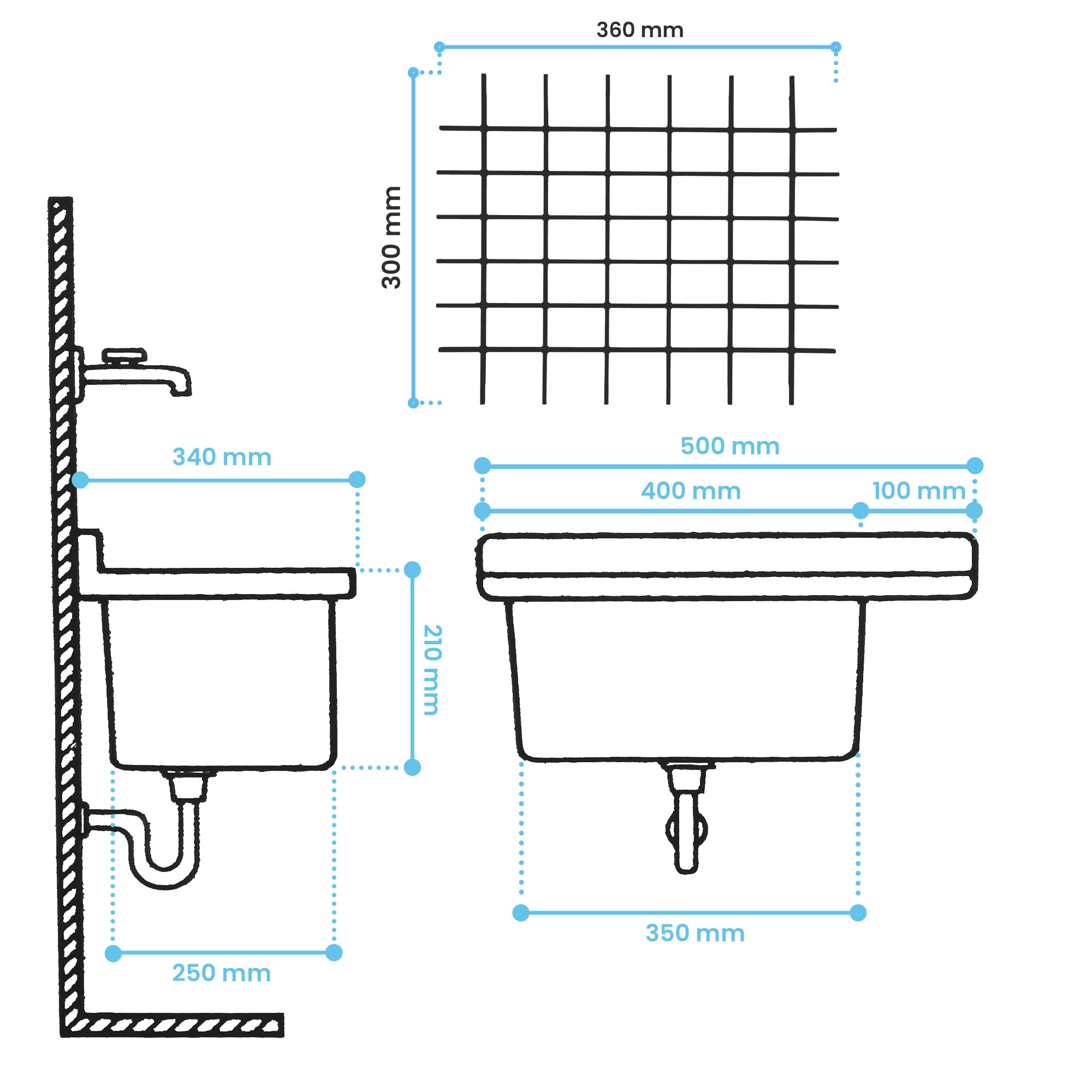 Lavabo de Cámara | Fregadero Industrial 50 x 34 x 21 cm Blanco con Estante y Parrilla 36 x 30 cm Profunda Lavadero Exterior Comercial Lavamanos Jardín Garaje Lavandería Baños Fábrica