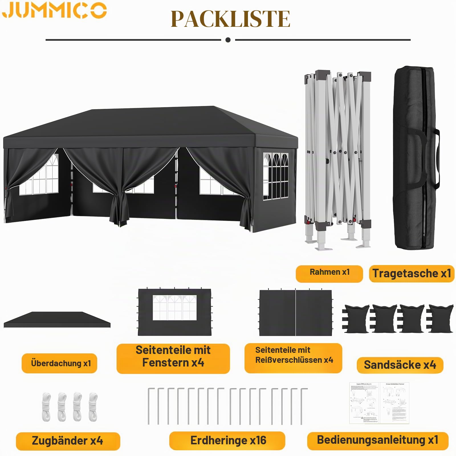 JUMMICO 3x6m Faltpavillon｜Höhenverstellbar & Stabiler｜Dicke wasserdichte Plane + Klettverschlüsse für Windschutz｜Perfekt für Gartenfeste, Camping & Outdoor-Events｜Schnell aufbaubar & platzsparend