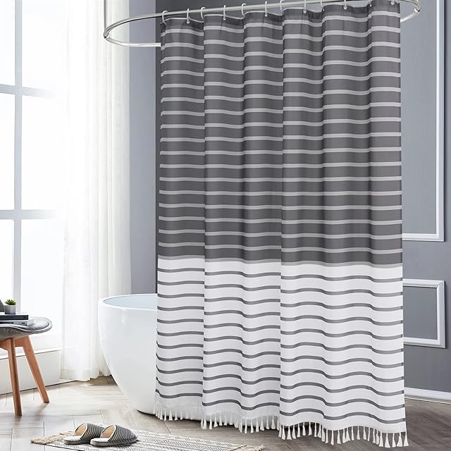 EurCross Tassle Shower Curtain, Mould proof Mildew Resistant Washable Grey Fabric Shower Curtains for Bathroom Décor,Size 180 x 180 cm