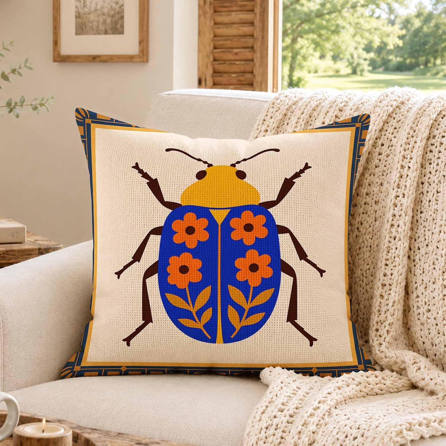 Floral Beetle Linen Throw Pillow Covers 18x18 Inches Bright and Contrasting Decorative Cushion for Insect Enthusiast, Living Room and Bedroom