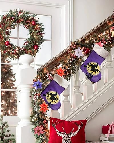 Miniatura 5 de Calcetines de Navidad, adornos de Navidad de Halloween, medias colgantes grandes de piel sintética, castillo de bruja a cuadros morados y negros,