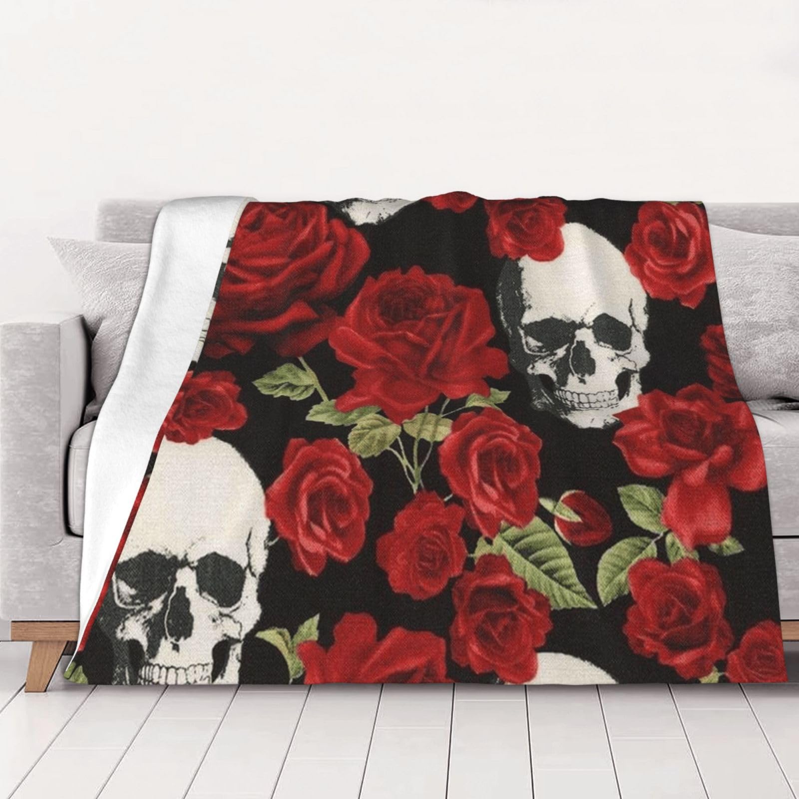 AUBKFELD Rose Skull Printed Flannel Blanket 102x76 CM, Soft & Warm Throw Blanket for Sofa/Couch/Bed/Car, Gifts for Audlts Women Men