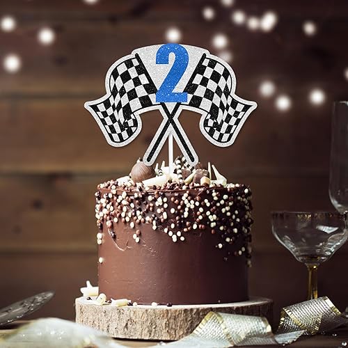 Miniatura 6 de Decoración para pastel de carreras de 2º cumpleaños, bandera a cuadros, rápido, decoración de automóvil, fiesta de cumpleaños para niños y niñas