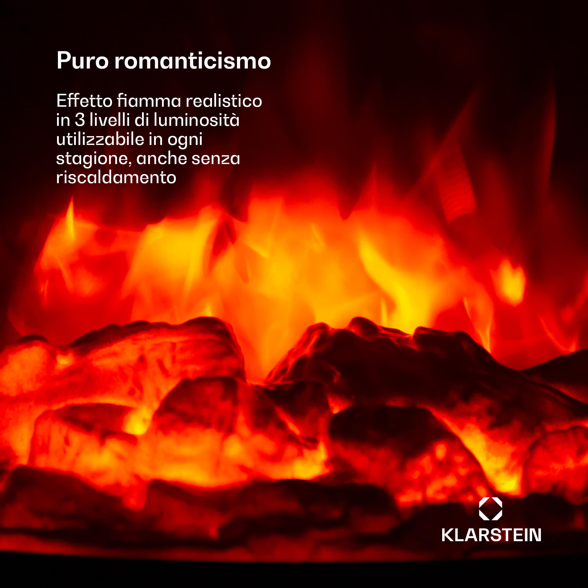 KLARSTEIN Camino Elettrico Basso Consumo, Camino da Terra con Mensola, Elettrico da Parete, Caminetto 1900W, Finto Decorativo con LED, Telecomando, Timer, Controllo Temperatura