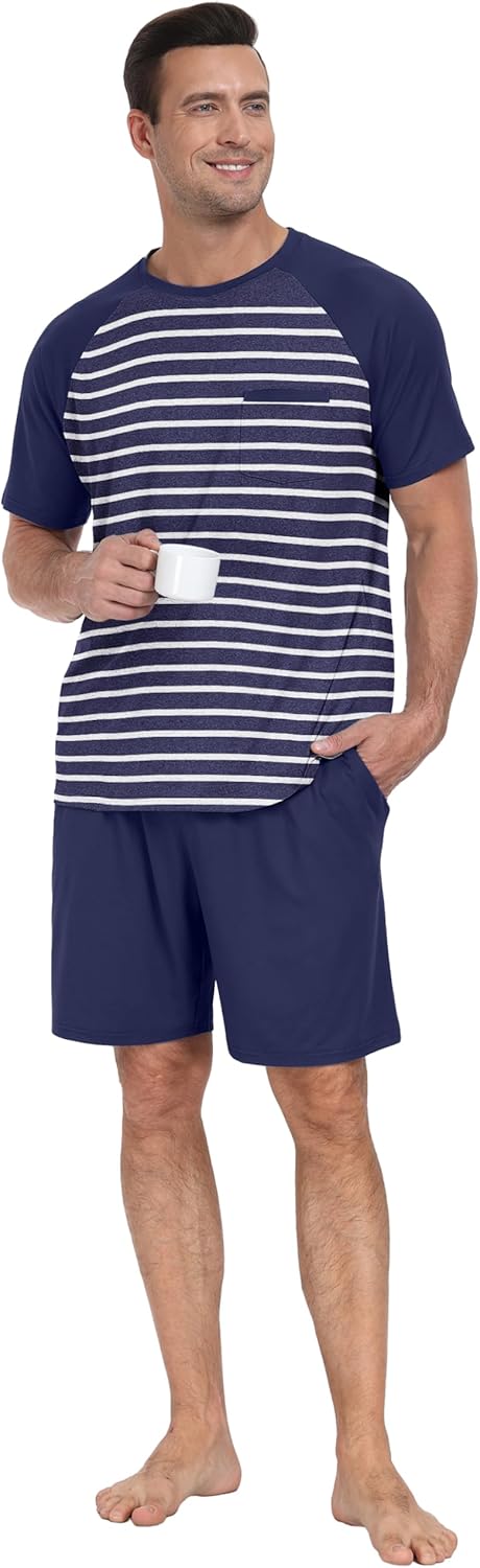 PrinStory Men‘s Pajama Set Summer Pjs Sleepwear Nightwear Lightweight Quick Dry Soft Stripe Sleep Set With Pocket S-2XL - Image 4