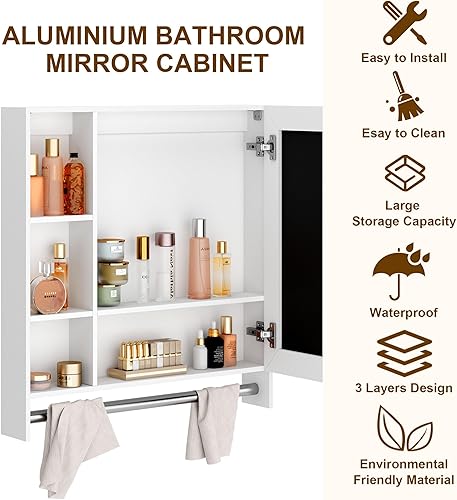 Miniatura 5 de SDHYL Botiquines para baño, 27.5 pulgadas cuadrado montado en la pared con 1 puerta de baño botiquín con espejo, estante de almacenamiento de espejo