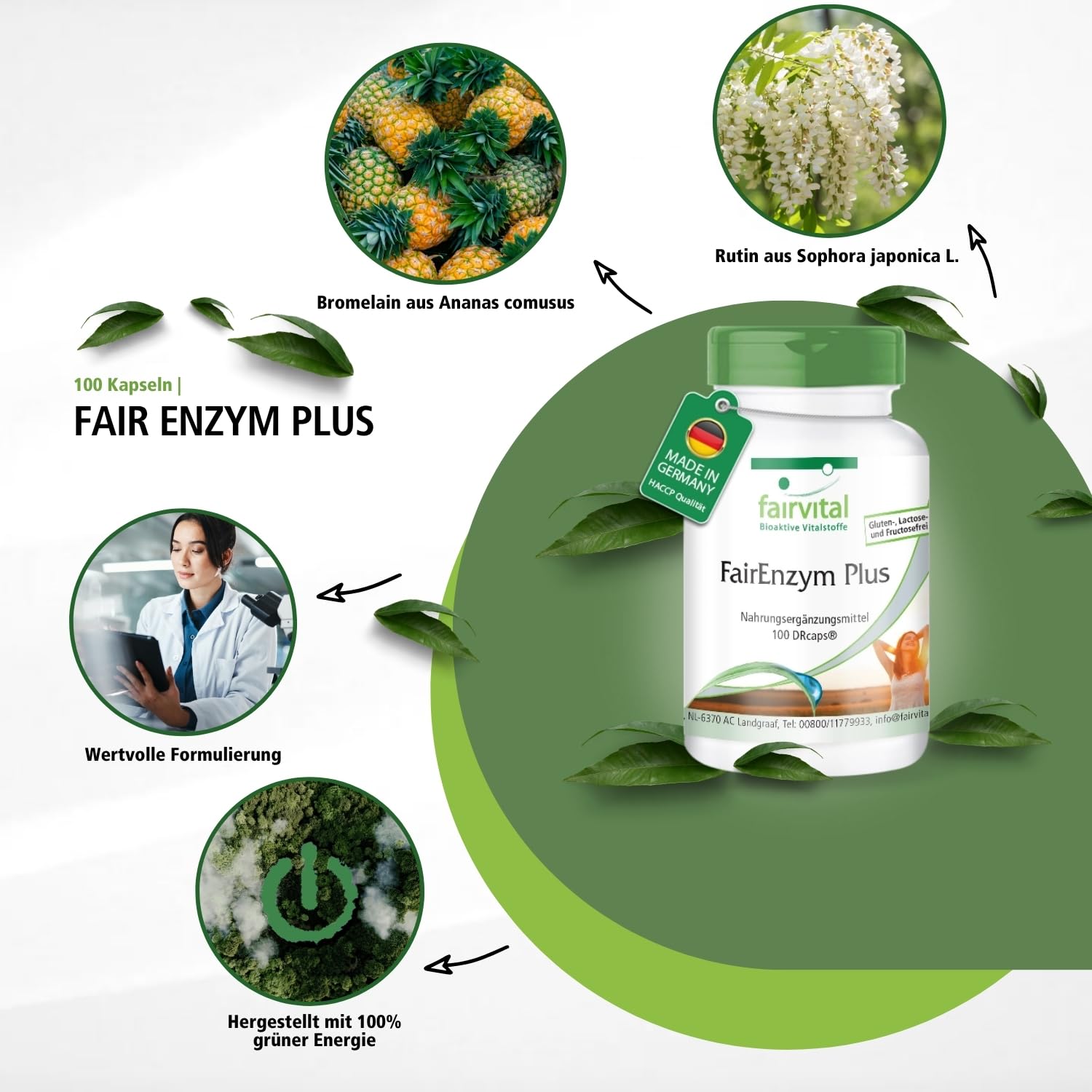 fairvital FairEnzym Plus, 100 DRCaps™, schluckfreundlich, Multi Enzym Komplex, mit Rutosid, Bromelain, Trypsin & Chymotrypsin HOCHDOSIERT