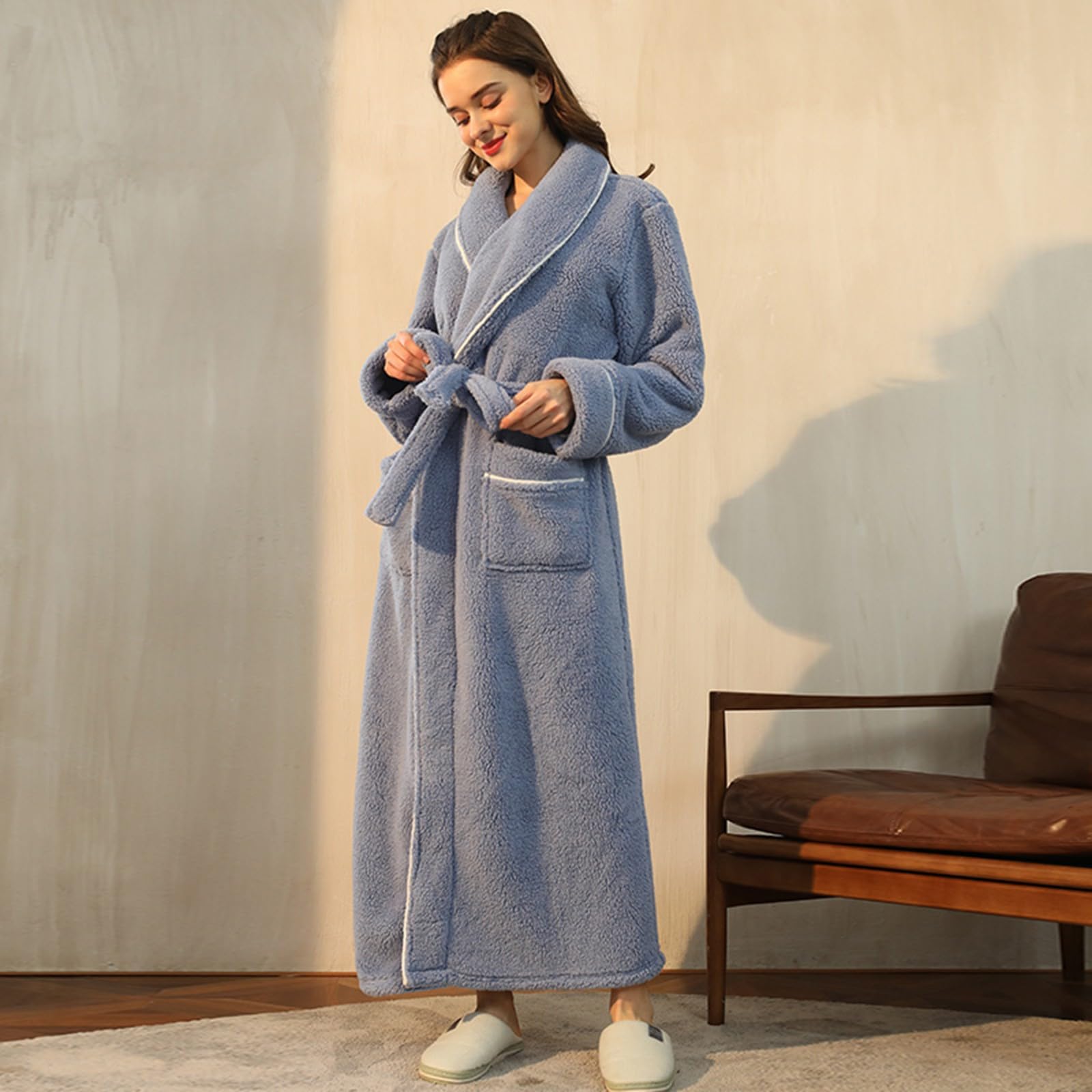 Peignoir De Bain Femme Coton Epais - Chemise De Nuit Femme Hiver Flanelle | Robe Chambre Avec Deux Poches Et Ceinture Ajustable Haute Absorción Sechage Rapide Doux Et Moelleux Peignoirs Maison