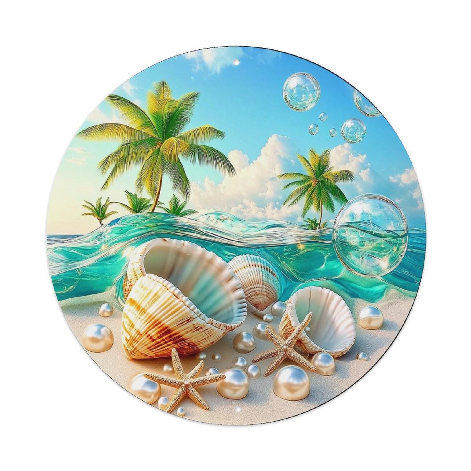 Tropical Beach Seashell Pearl Starfish Round Tin Sign Vintage Metal Sign Home Bar Garden Indoor & Outdoor Wall Decor Retro Metal Poster 8x8 Inch