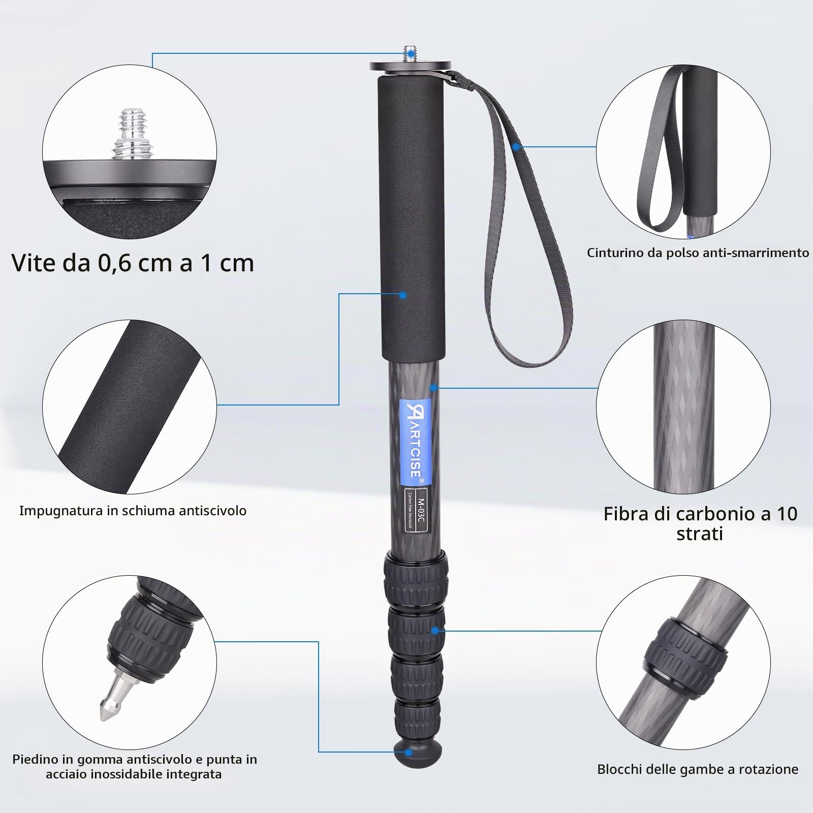 ARTCISE Treppiede da 65"/165 cm, M03C-ST-EU, leggero e portatile, monopiede in fibra di carbonio per DSLR, fotocamera reflex digitale, colore: nero