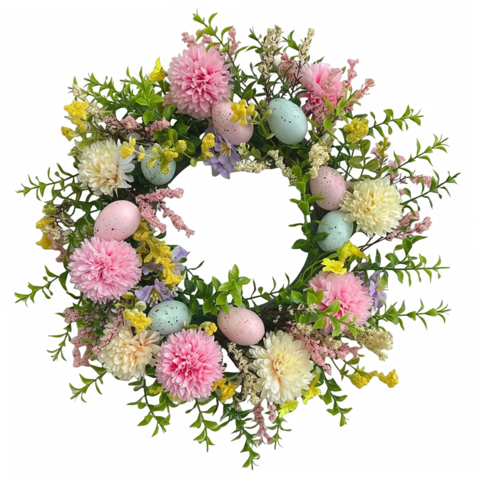 Couronne de Pâques pour porte fleurie de 40 cm avec des œufs colorés
