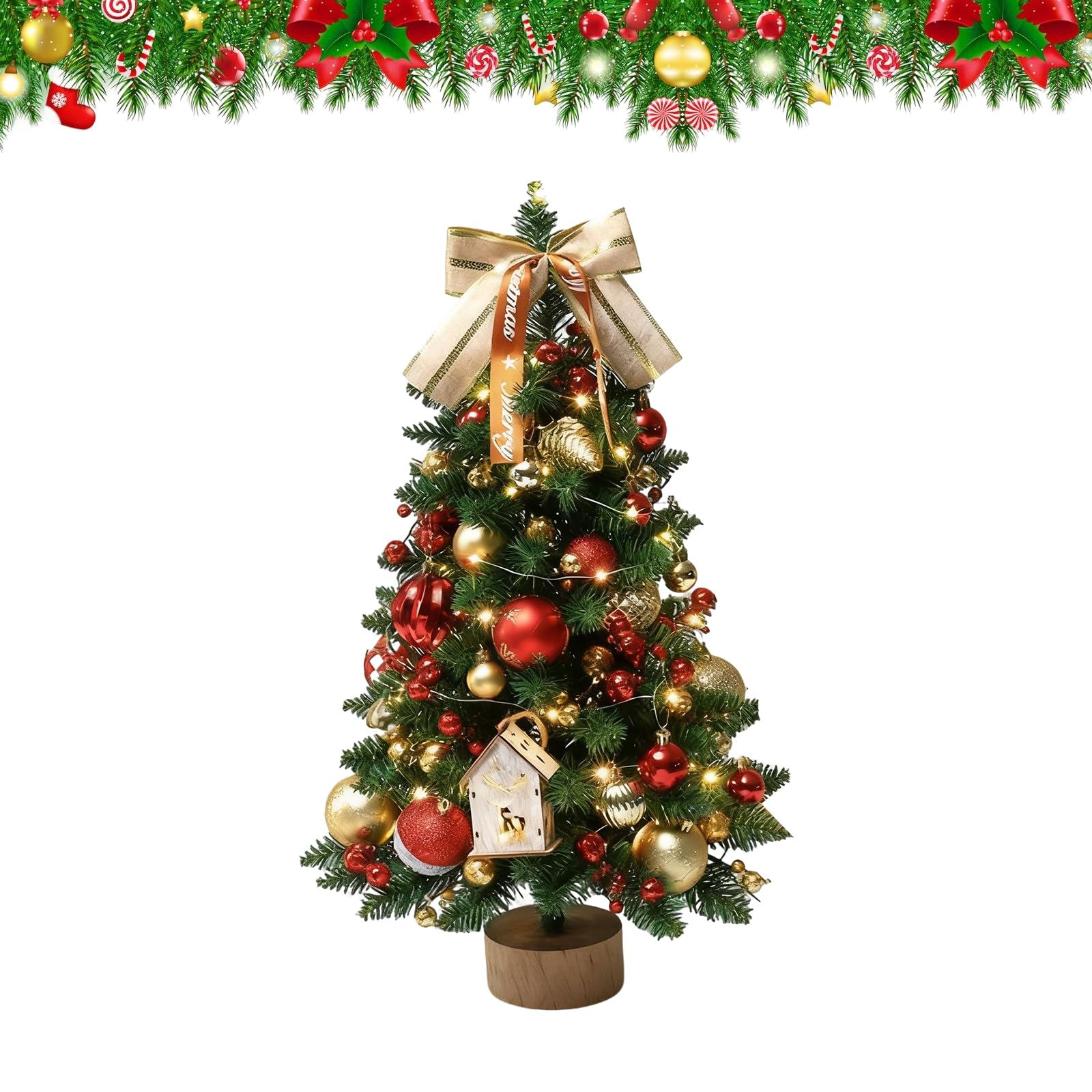 Kouamor C 45Cm/1.48Ft Mini Hristmas Tree With Lights, Small Hristmas Tree With Lights, Potted Mini Xmas Tree, With Tree Topper Bow, Hristmas Balls, For Home Room Office Table Hristmas Decor (C)