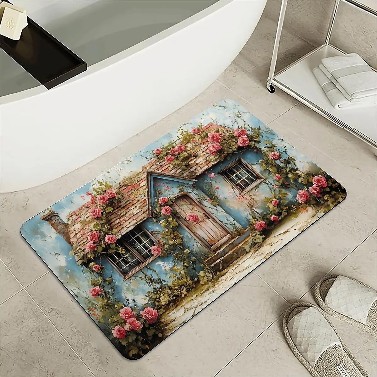 ZHUZHISHAN Diatomaceous Earth Bath Mat,Old Cottage with Roses Non-Slip Volume Super Absorbent Fast Drying Eco-Friendly Easy to Clean for Bathroom