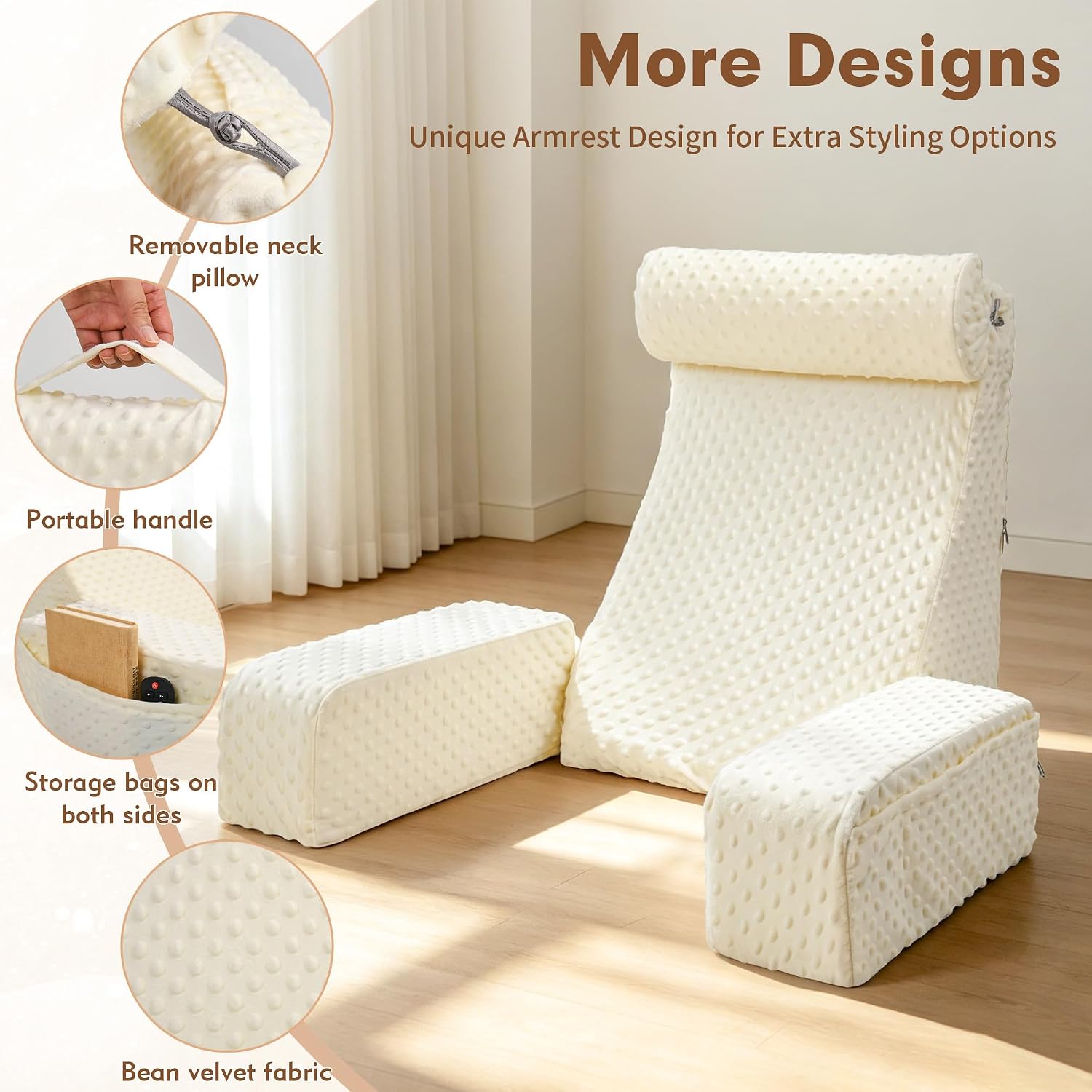 Djft Reading Pillow Chair for Bed Sitting up with armrests & Pocket (Beige)