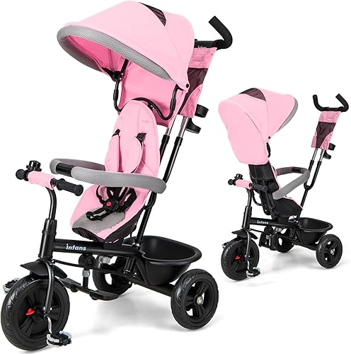 INFANS Triciclo para niños, triciclo para bebés 6 en 1 con asiento reversible, mango de empuje ajustable, dirección de control, toldo extraíble,