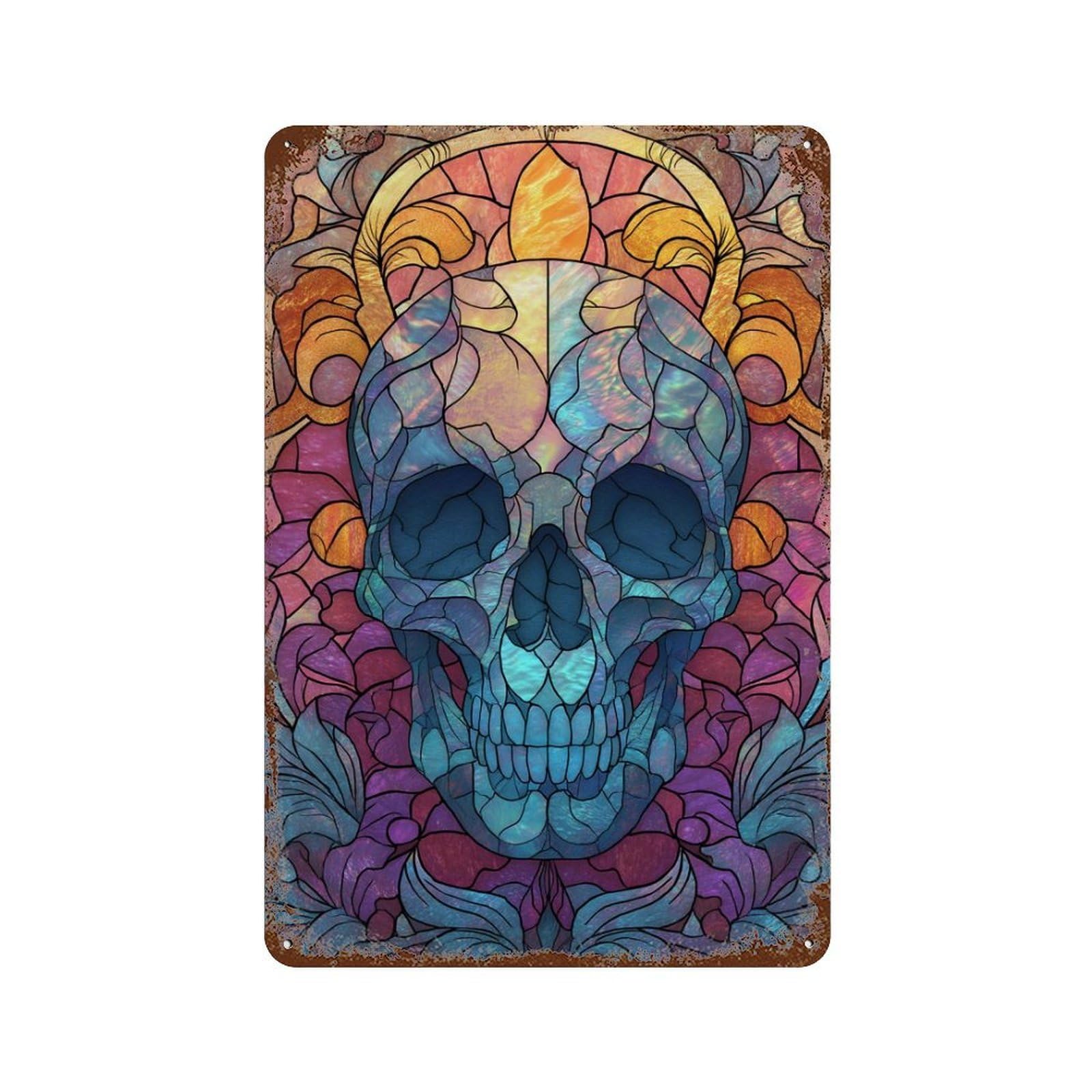 Stained Glass Skull Art Print Rust Effect Tin Sign 11.8"x7.9", Retro Wall Decor for Pub, Kitchen And Man Cave Decor