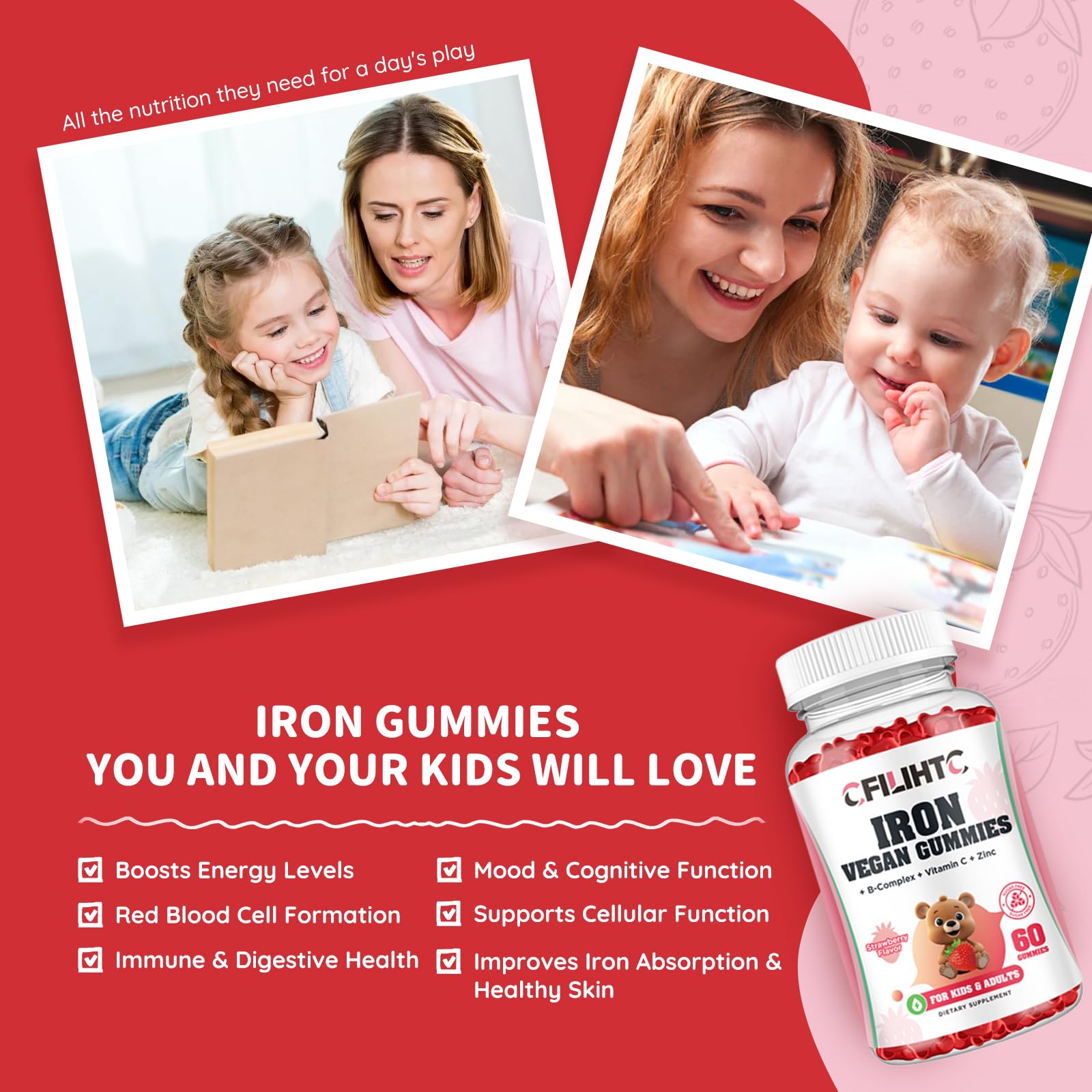 Iron Gummies for Kids, Women & Men, Iron Supplement with Multivitamin - Vitamin B Complex, C, B6, B12, Folate, Zinc for Anemia, Iron Deficiency, Blood Builder, Energy - Strawberry Flavor, Vegan 60ct — Amazon image 3