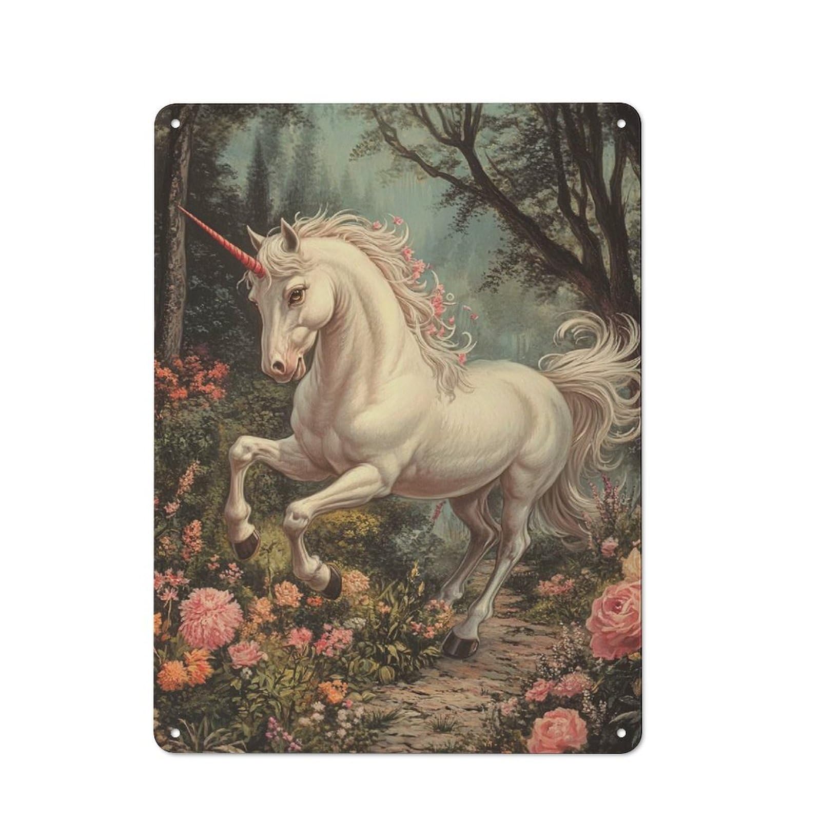 Junmoney Style-18 For Living Room Or Hallway, Enchanting Unicorn In A Floral Forest Vintage Metal Plaque 40X30cm, For Vintage Wall Decor Fans, For Metal Sign Collectors