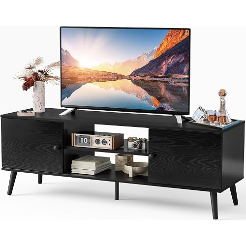 Sweetcrispy TV Stand for 55 60 inch TV, Modern Mid Century Entertainment Center with Storage Cabinet, Media Console Table for Living Room, Soft Hinge, Handle Door, Wooden Office Furniture, Tank