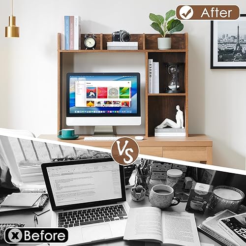 Miniatura 6 de Estantería de escritorio, gabinete de almacenamiento de escritorio de madera con 5 estantes, organizador de escritorio de 3 niveles para oficina