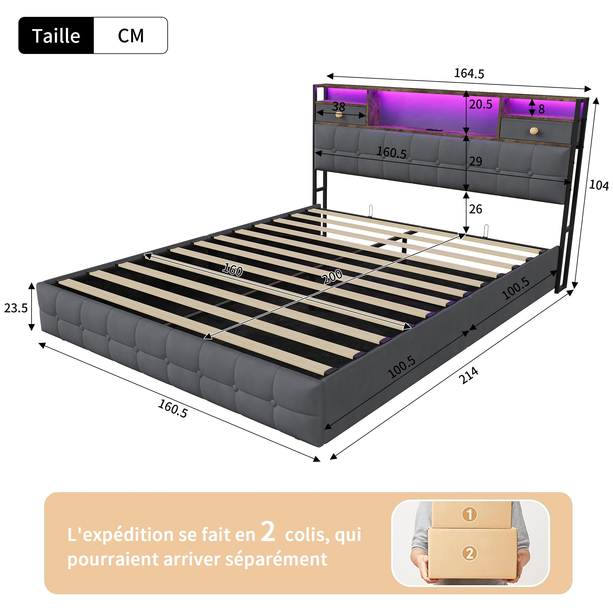 Cama maletero de 160 x 200 cm, LED/USB cama de 2 plazas, cabecera con 2 cajón, aplicable para familias, búsqueda de almacenamiento óptimo, privilegiante ambiente y espacio limitado (gris, 160 x 200 cm