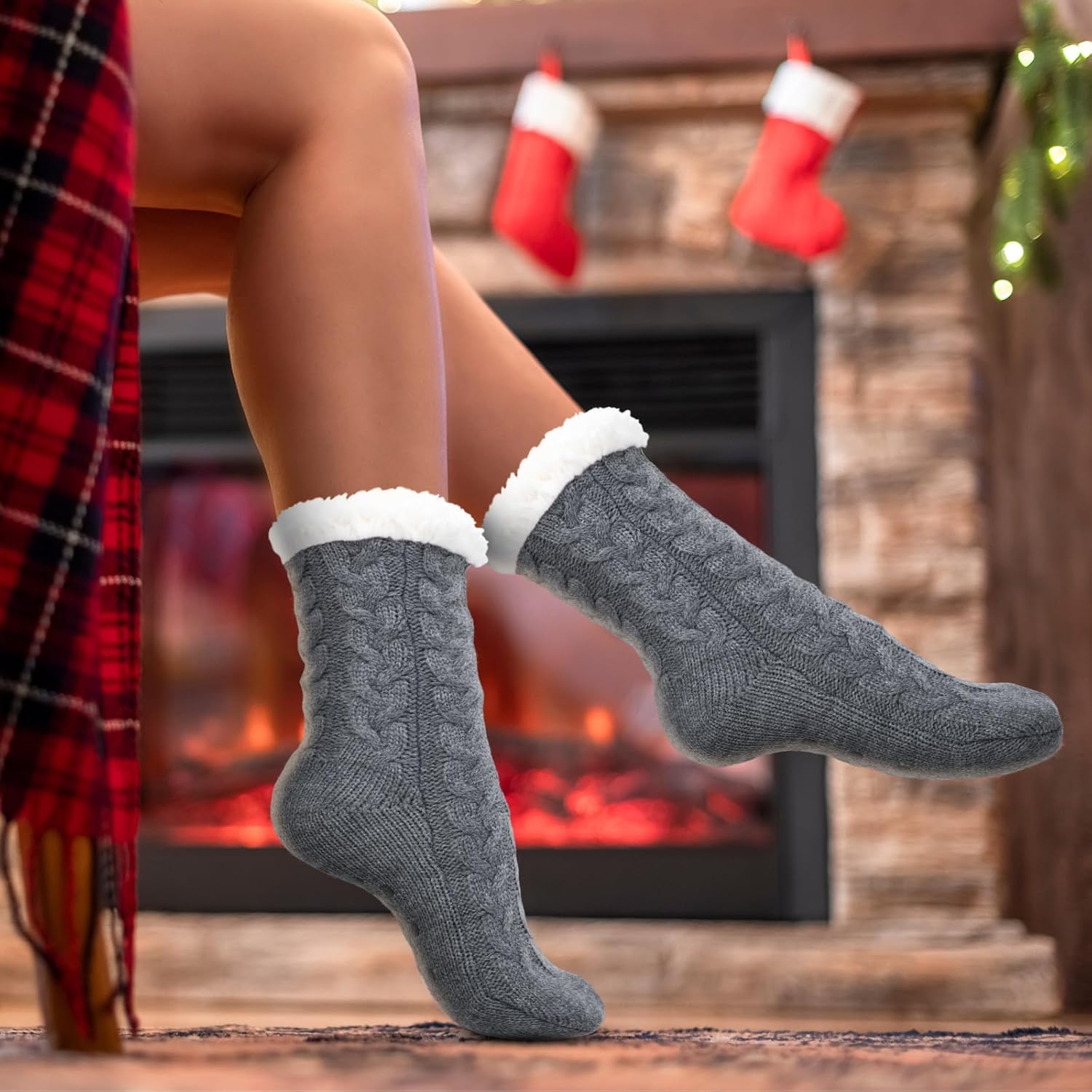 Ramede 6 Pairs Slipper Socks for Women with Gripper Winter Non Slip Thick Fuzzy Socks Warm Gift - Image 3