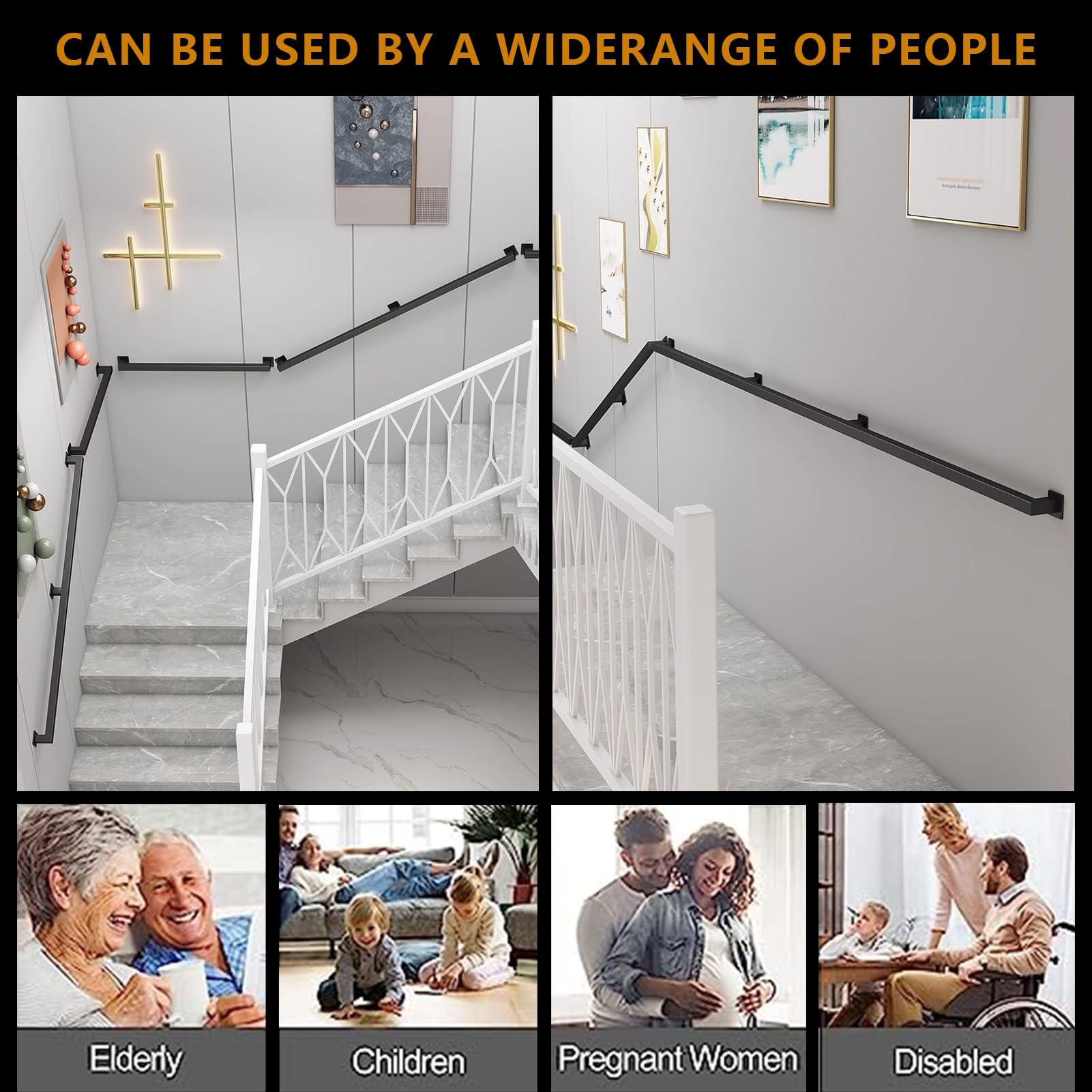 30–600 cm Handlauf für Treppen im Innen- und Außenbereich, Treppengeländer, Handläufe aus Schmiedeeisen, Sicherheitshaltegriff mit Wandhalterungen und Metallschrauben (schwarz, 2 F