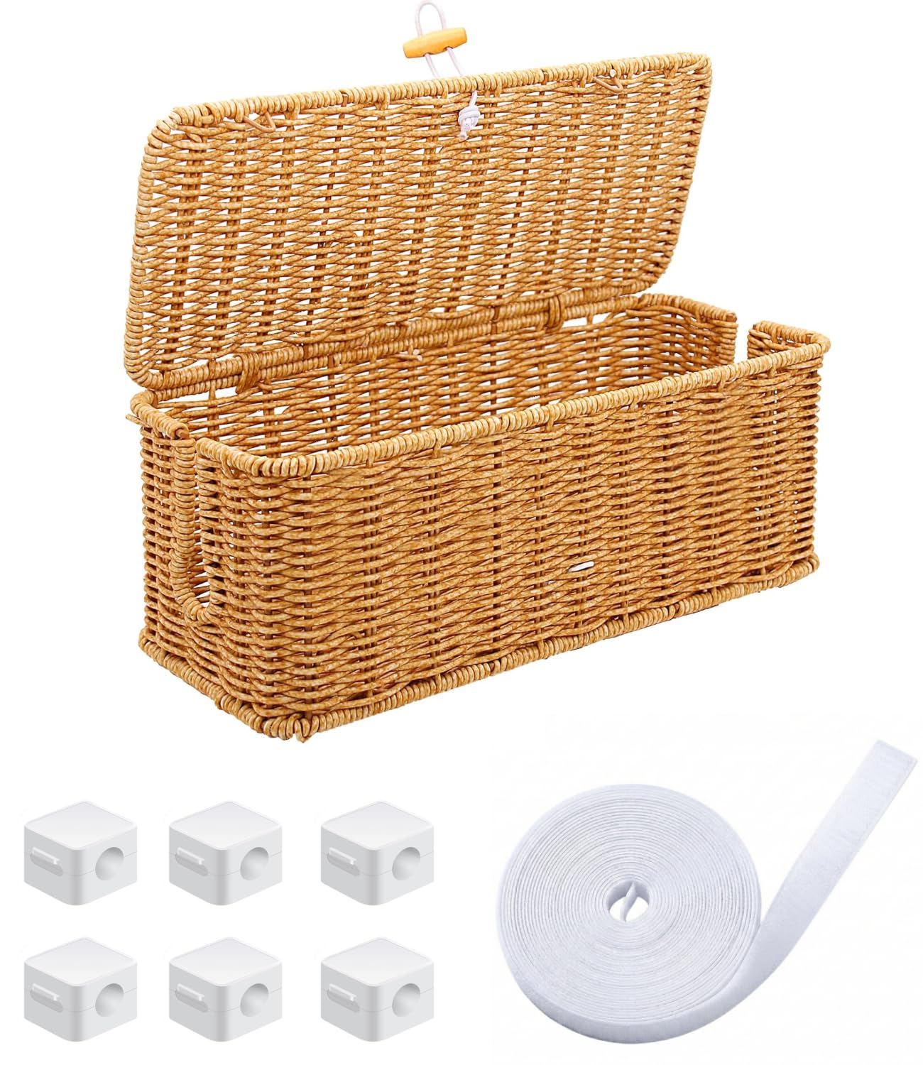 Cable Tidy Box WODSTA Rattan Cable Organizer with 2 Open Slots 6 PCS Cable Clips and Cable Management 33 cm Long Cable Management Box Tie Roll Tidies Away Messy Wires for 4 Gangs Sockets and Others