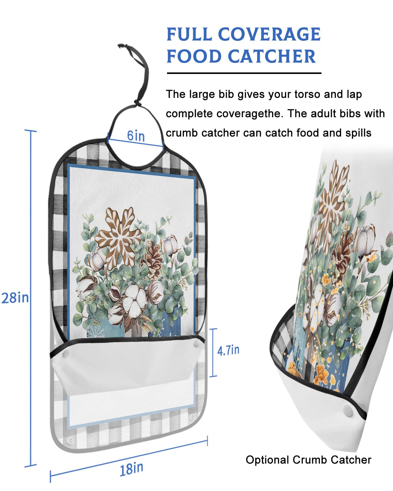Adult Bibs for Elderly Women - Christmas Waterproof Dining Clothing Protectors with Crumb Catcher for Eating/Feeding, Xmas Eucalyptus Leaves Cotton Black White Plaid Terry Cloth Bib Machine Washable