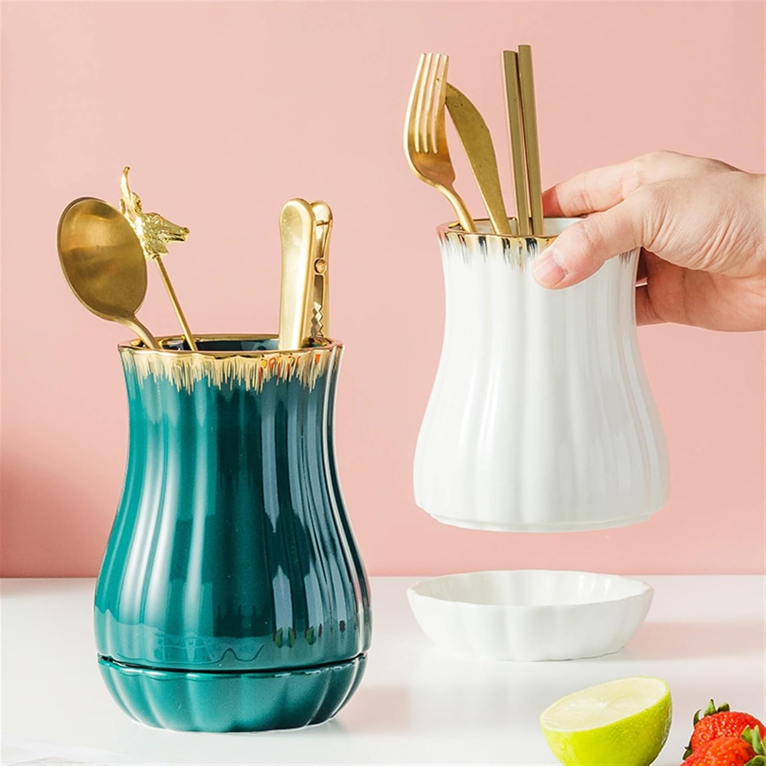 Cutlery Holder Stand Kitchen Utensil Holder, Ceramic Utensil Organizer for Countertop, Flatware and Utensil Storage Caddy with Drain, for Chopsticks, Knives, Forks, Spoons Kitchen Utensil Holder(White
