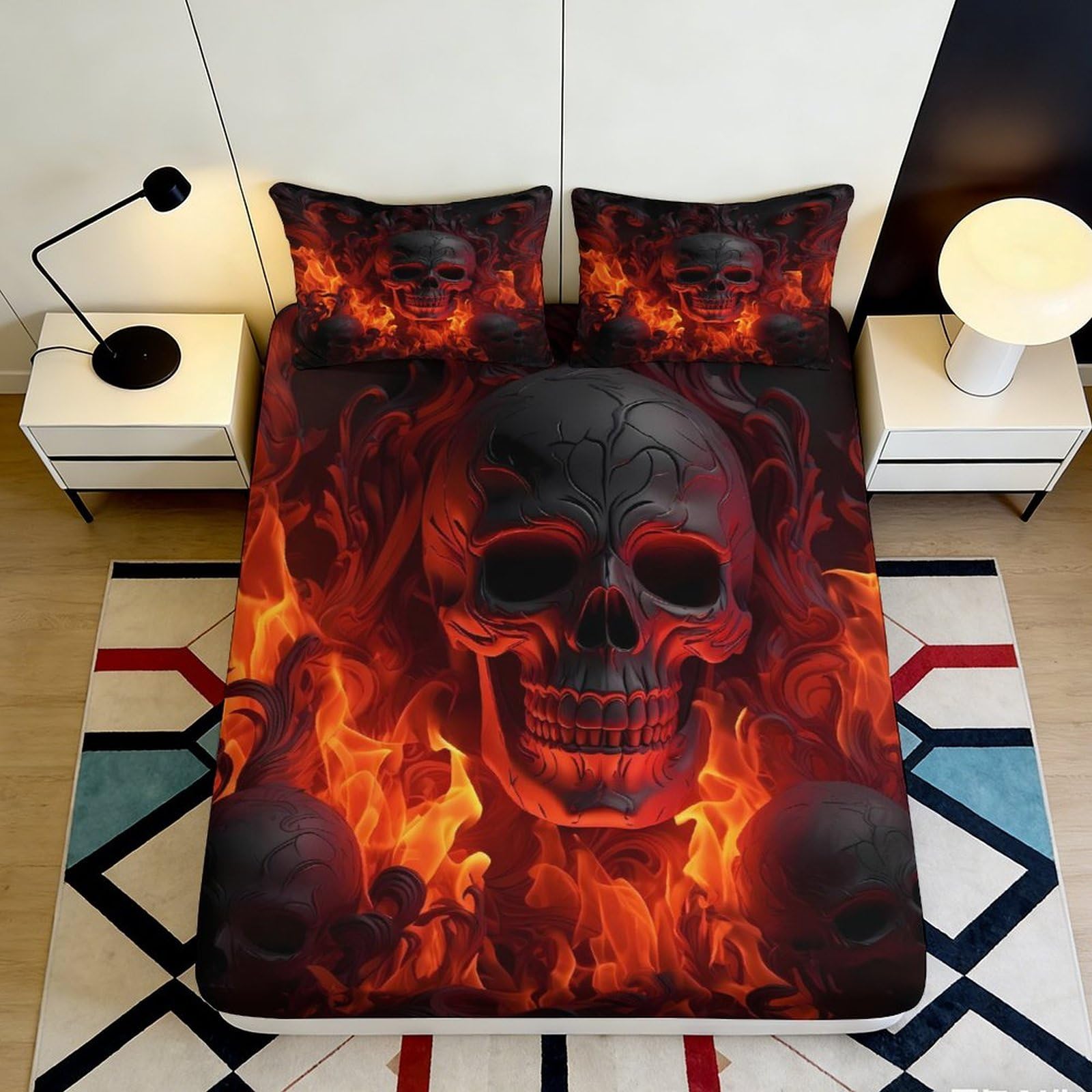 Pnayamiorkfel Style-10 3D Printed Flaming Skull Fitted Sheet Microfiber Soft Black Fire Skull Mattress Cover For Bedroom Dorm Decor 90X200x25cm