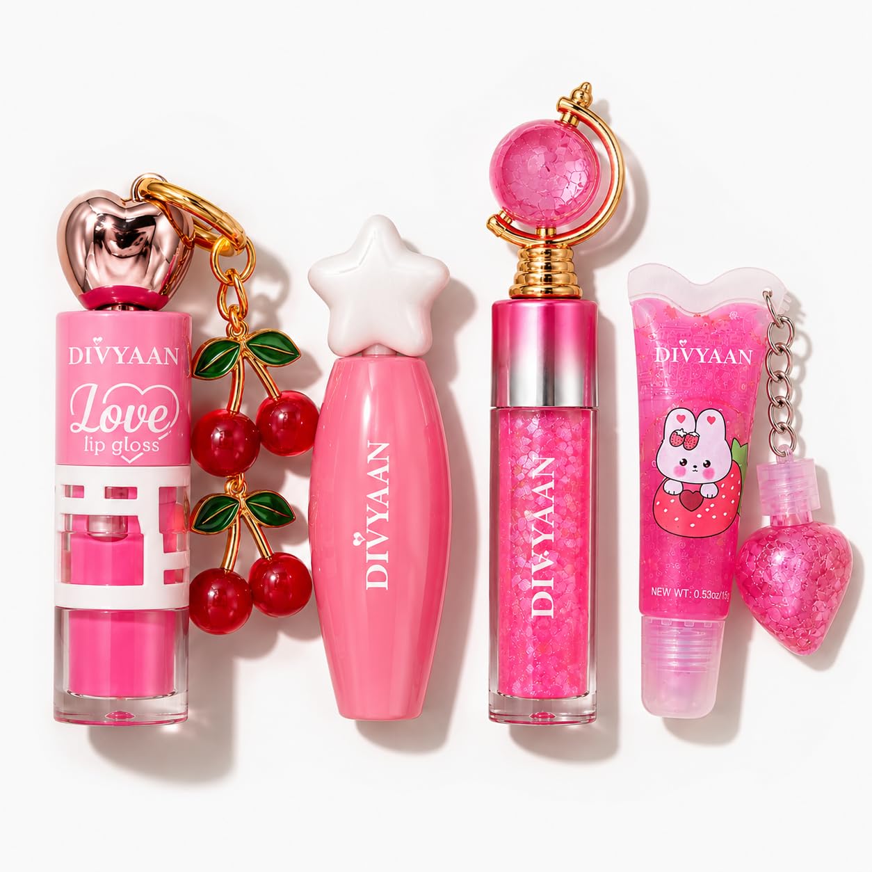 Viral Korean Crystal Globe Lipgloss, Star Design and Cherry Keychain Lip Gloss with 1 High Shine Tube 2in1 Gloss | Long Lasting Moisturizing for Women & Girls | Natural Pink, Coral & Red Shades Viral Korean Lip Gloss Set of 4, Glossy Finish, Trending K-Beauty Lip Colour Collection-image-23
