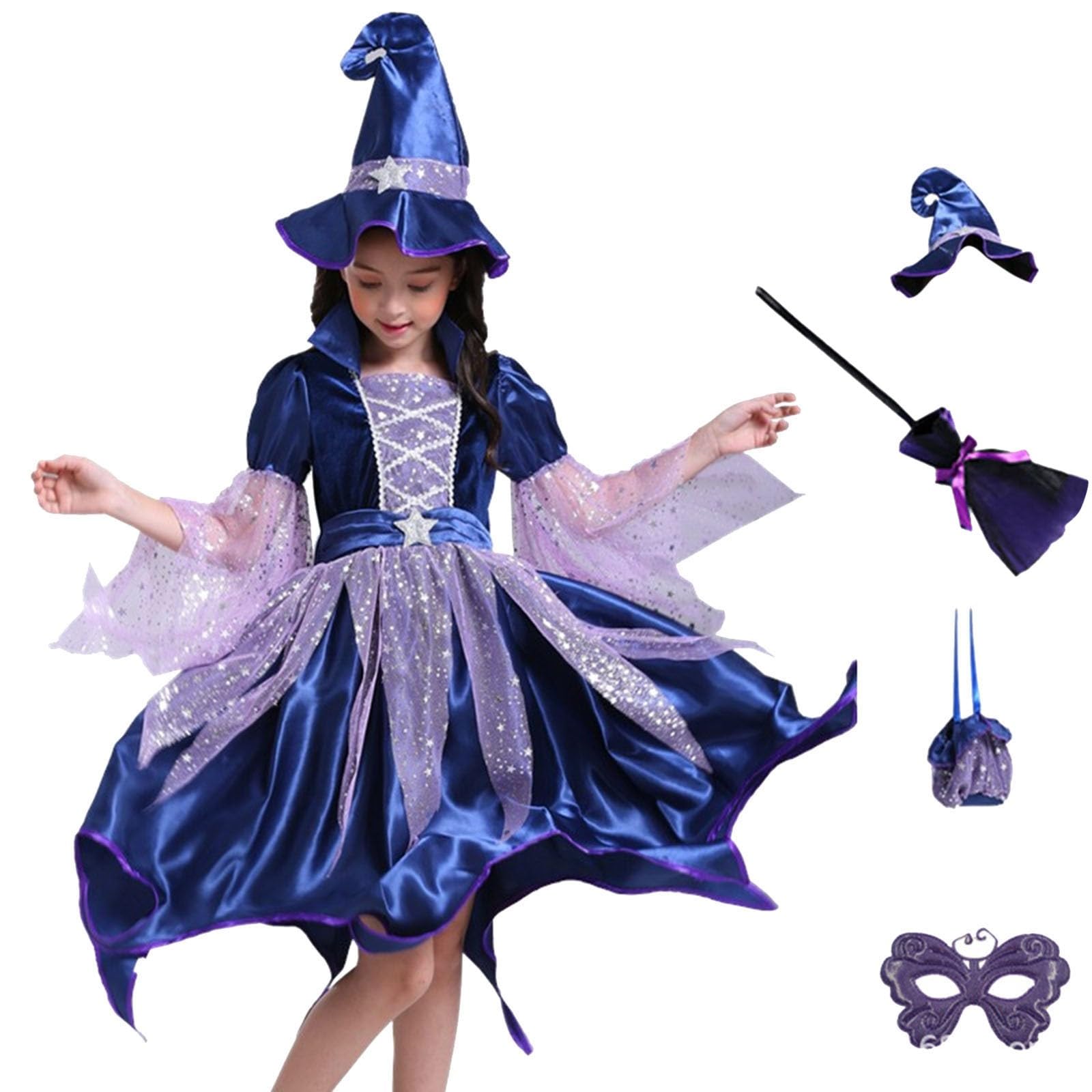 Costume Strega Bambina Completo 4 Pezzi: Vestito a Maniche Lunghe Tulle | Stelle Glitter, Cappello Strega, Bacchetta Magica e Borsetta Tracolla, Abito Cosplay Halloween, Spettacoli Teatrali