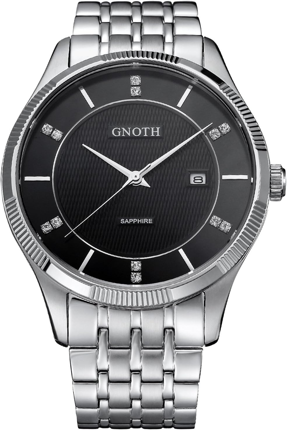 Mens Business Casual Black Quartz Wrist Watches Diamond Water Resistant Stainless Steel Dress Watches with Dial Analogue Display and Date