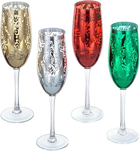Miniatura 6 de MyGift Copas de champán con tallo chapado metálico de 6 onzas con patrón barroco, copas de vino espumoso multicolor para brindar, juego de 4