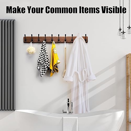 Miniatura 5 de Kruodop Perchero grande de montaje en pared con 10 ganchos de metal negro triple - ganchos de madera real de pino marrón para colgar abrigos,