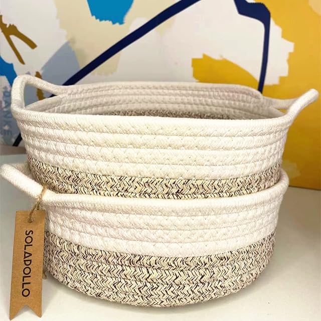 2pack Cotton Rope Basket Small - Woven Home Storage Baskets for Shelves,Round Natural Cotton Rope Shelf Basket,Small Basket for Room Toy StorageMixed Color