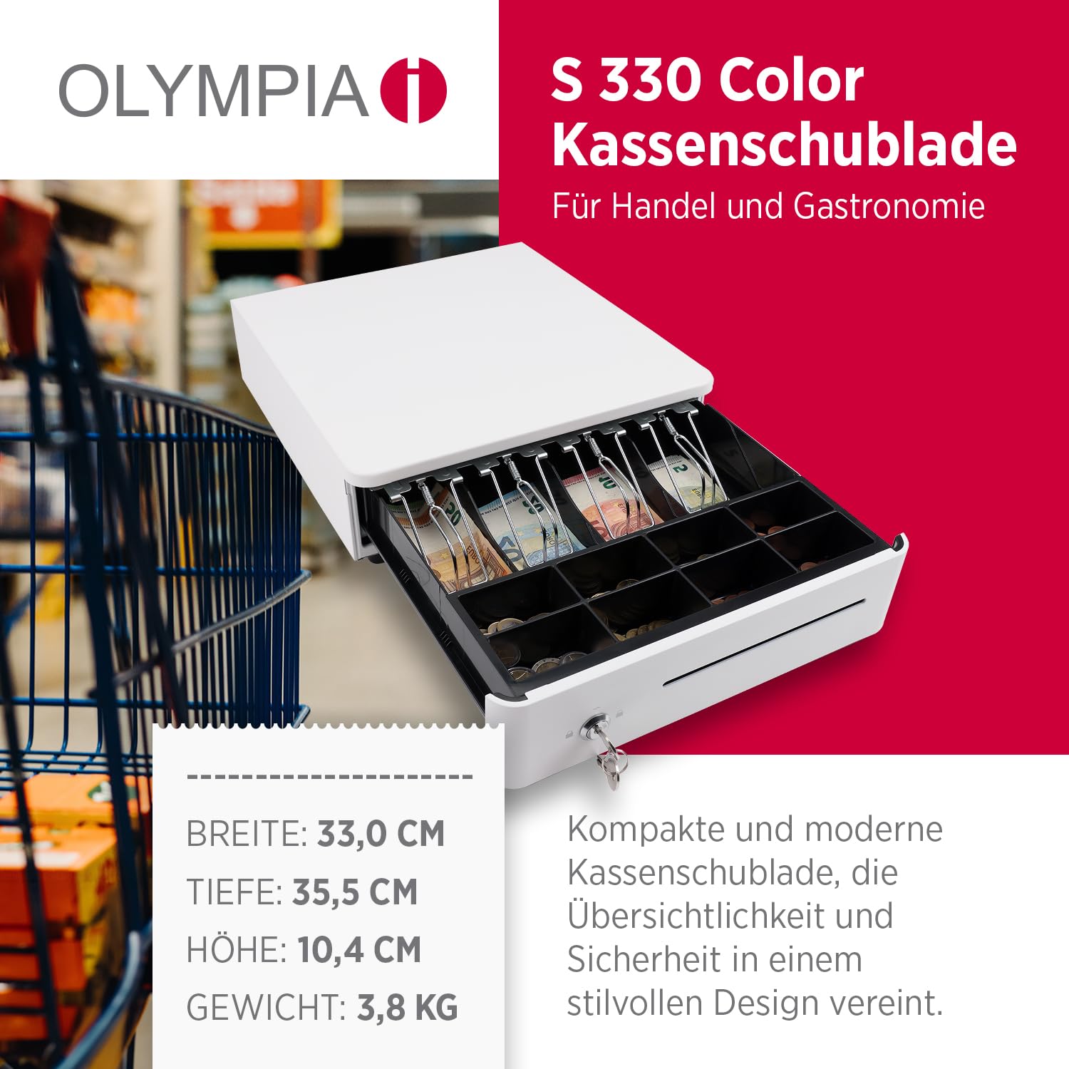 OLYMPIA S 330 blanc | Tiroir caisse avec 8 compartiments pour pièces et 4 compartiments à billets | Tiroir-caisse robuste en métal | Caisse enregistrable à commande électrique avec serrure et