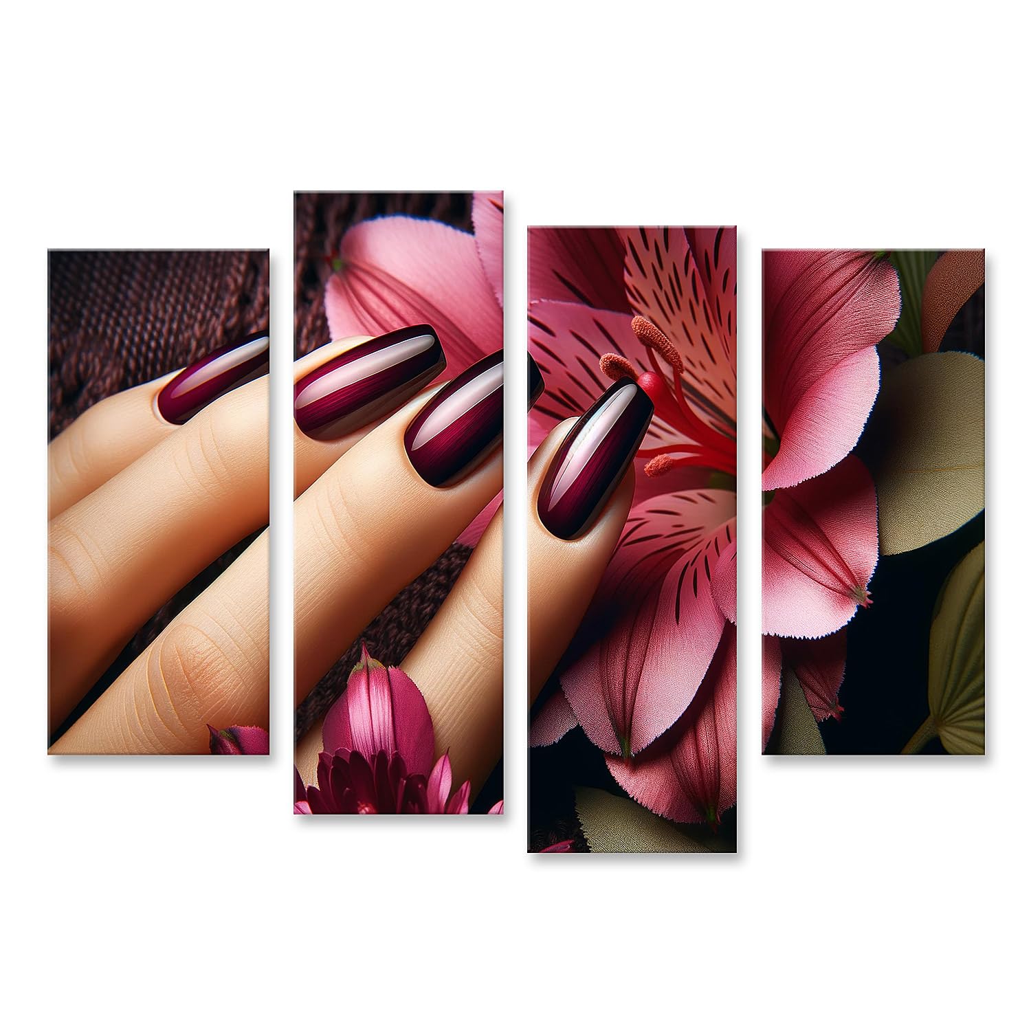 islandburner Prime Bild auf Leinwand Elegante Maniküre mit Tiefmaroon Lack und Blumenhintergrund Beauty Salon Nagelstudio Bilder Wandbilder Poster