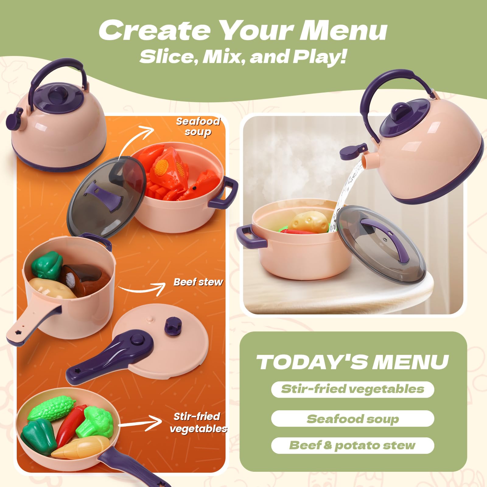 CUTE STONE Mini Accessoire Cuisine Enfant 51pcs, Jeu de Cuisine Imaginaire avec casseroles, poêles, ustensiles, Fruits et légumes à découper, Cadeau éducatif pour Tout-Petits, Filles et garçons.
