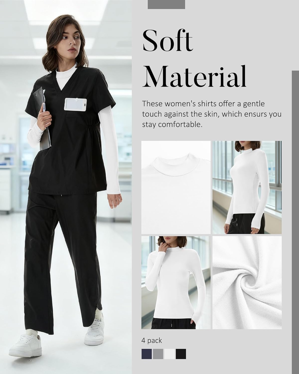 Xaatren 4 Pack Women's Long Sleeve Underscrub Shirt Mock Neck Slim Fit Tops Lightweight Thermal Base Layer Scrubs Undershirts