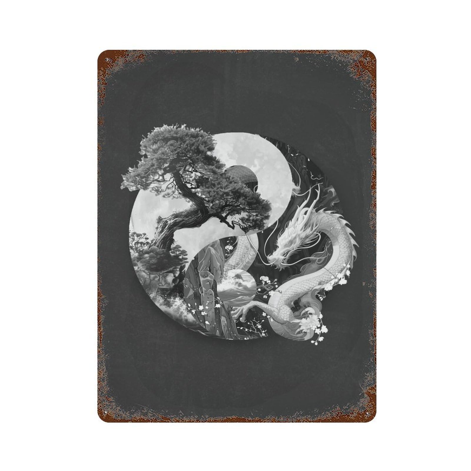 Yin Yang Bonsai Dragon Vintage Rust Metal Sign 15.7"x11.8", Shabby Chic Decor for Garage, Pub Or Kitchen