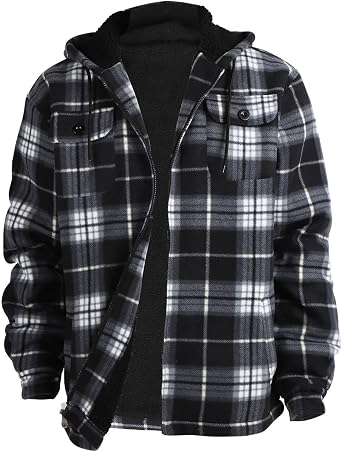LeeHanTon Mens Sherpa Lined Plaid Hoodie Jacket Heavyweight Full Zip Fleece Coat with Pockets Winter Sweatshirt Big & Tall