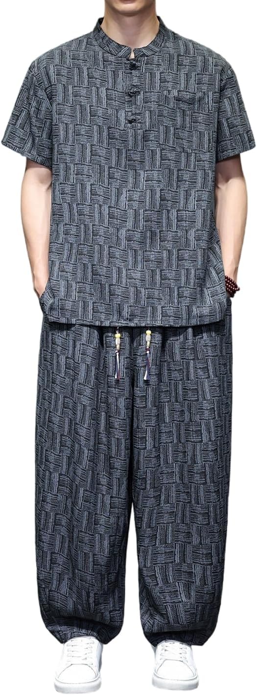 Men's Ice Silk Tang Suit Set Stand Collar Half Sleeve Top and Pants Lightweight Casual 2 Piece Outfit