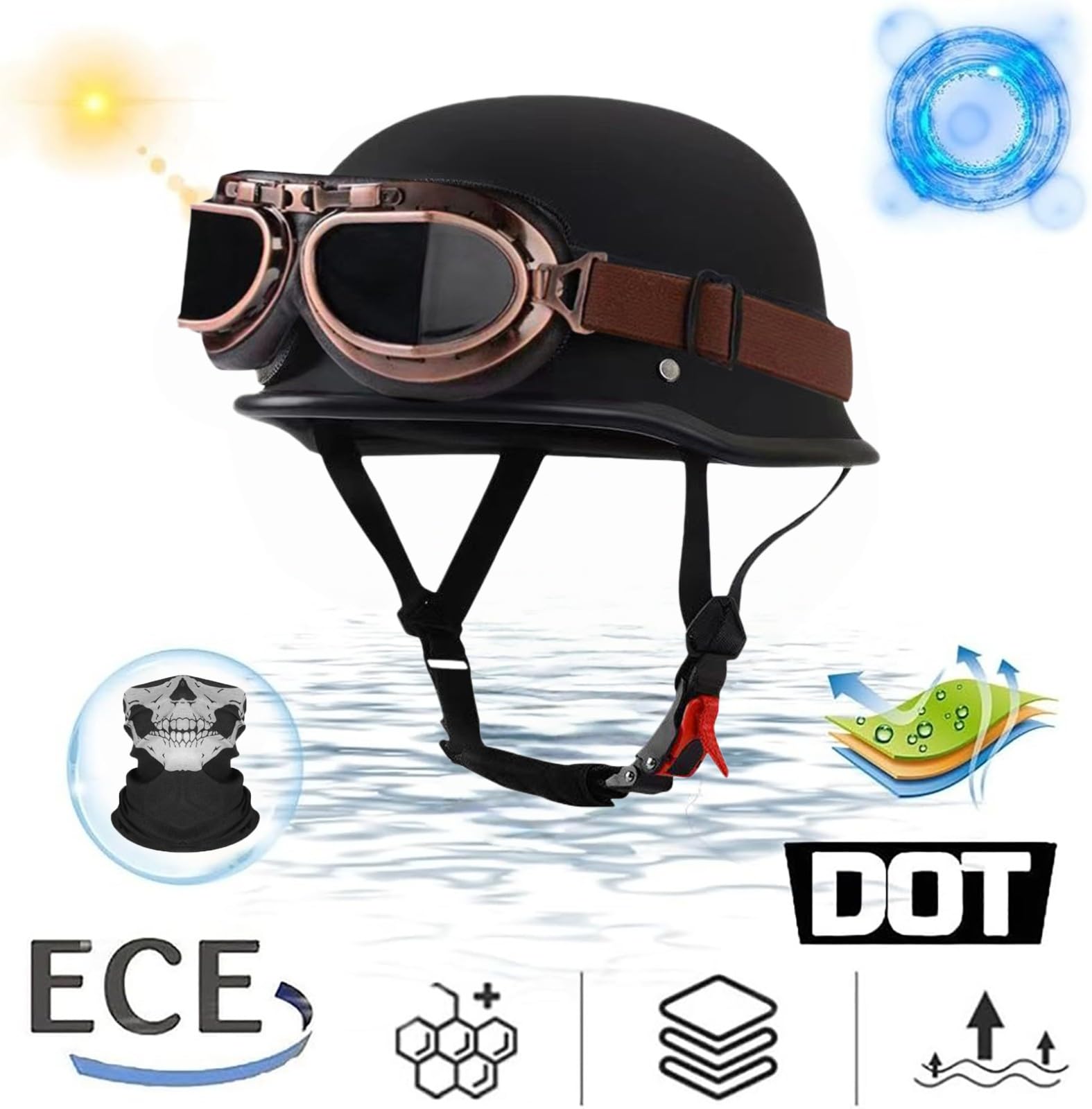 Kask motocyklowy w stylu vintage w niemieckim stylu (pół kasku), certyfikat DOT/ECE męski kask motocyklowy do cruiser, skutera, motoroweru, otwarty kask z okularami