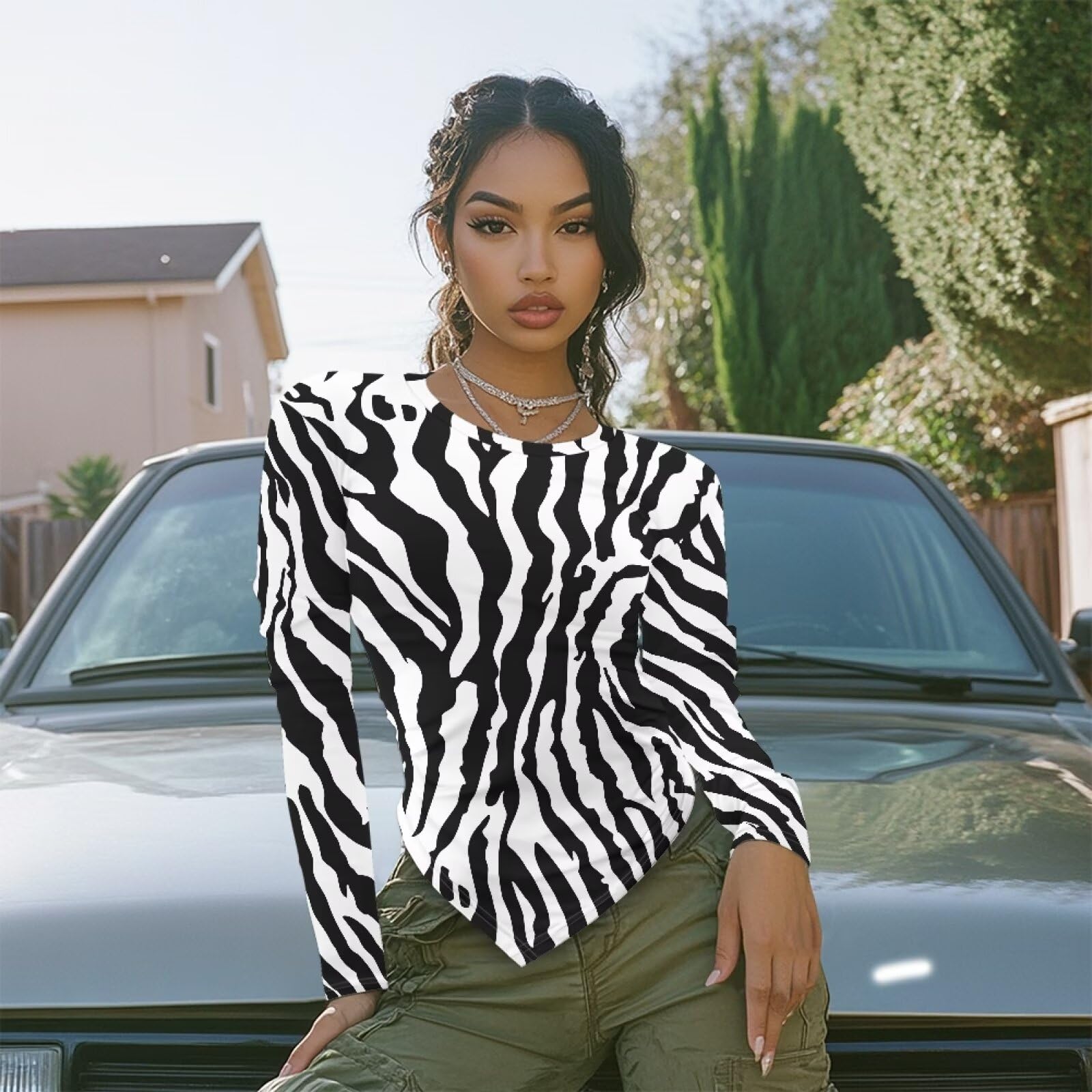 Gzzxiailg Zebra Skin Girls Lightweight Workout Shirts Long Sleeve Bottoming Tops Casual Slim Fit Tee Tops Asymmetrical Tops Yoga Running Shirt for Spring Fall Autumn