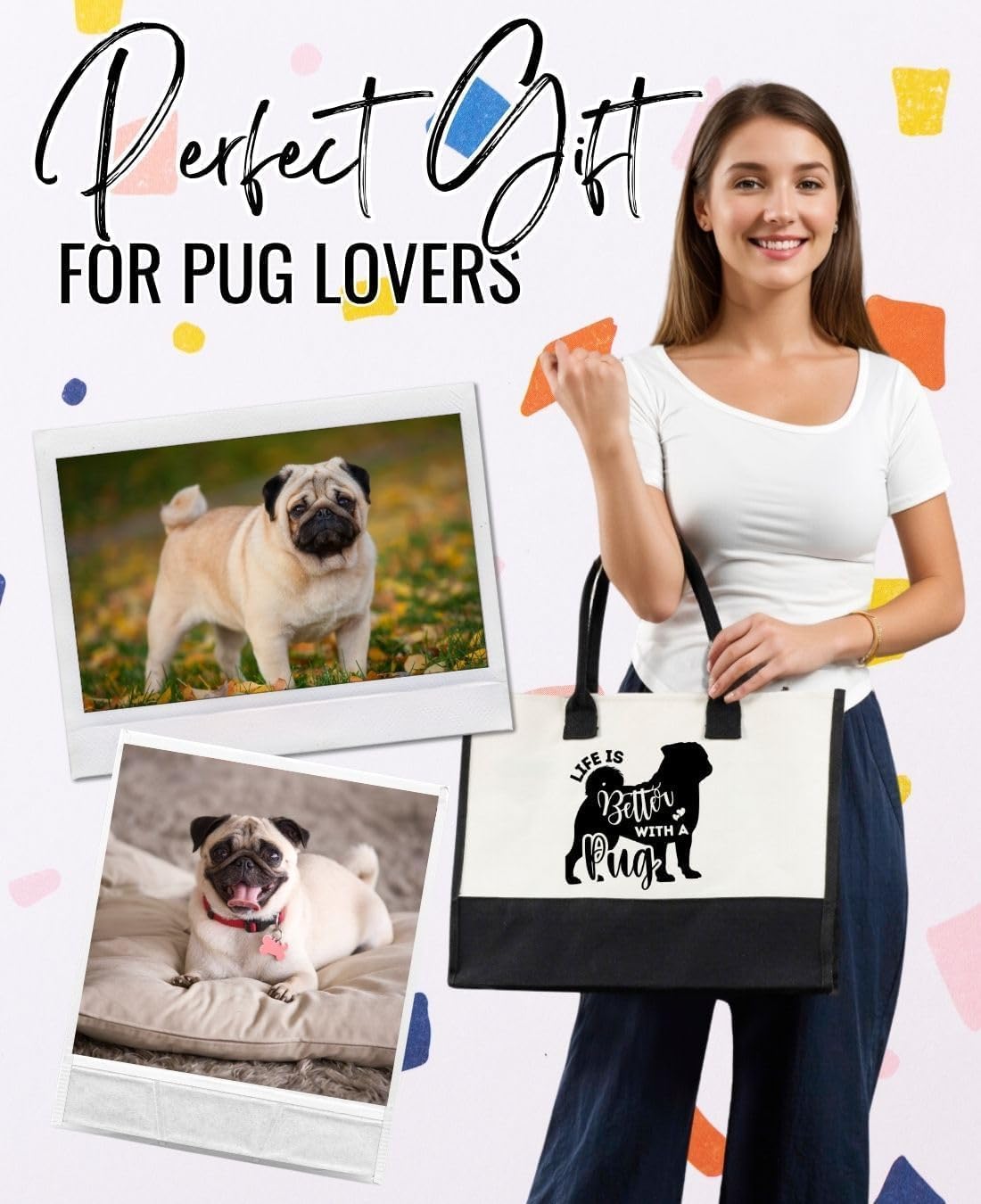 InnoBeta Pug Gifts Canvas Tote Bag for Women, Important Pug Mom Stuff Bag with Top Zipper Closure and Shoulder Strap, Pug Gifts for Pug Lover on Mother's Day, Birthday, Thanksgiving, Christmas