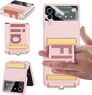 ESONG Handyhülle für Samsung Galaxy Z Flip4 mit Leder-Armbandhalter,Ultradünne Handschlaufe Hart Schutzhülle mit Ständer,PC Kratzfest Stoßfest Case mit Displayschutzfolie/Scharnierschutz-RoseGold