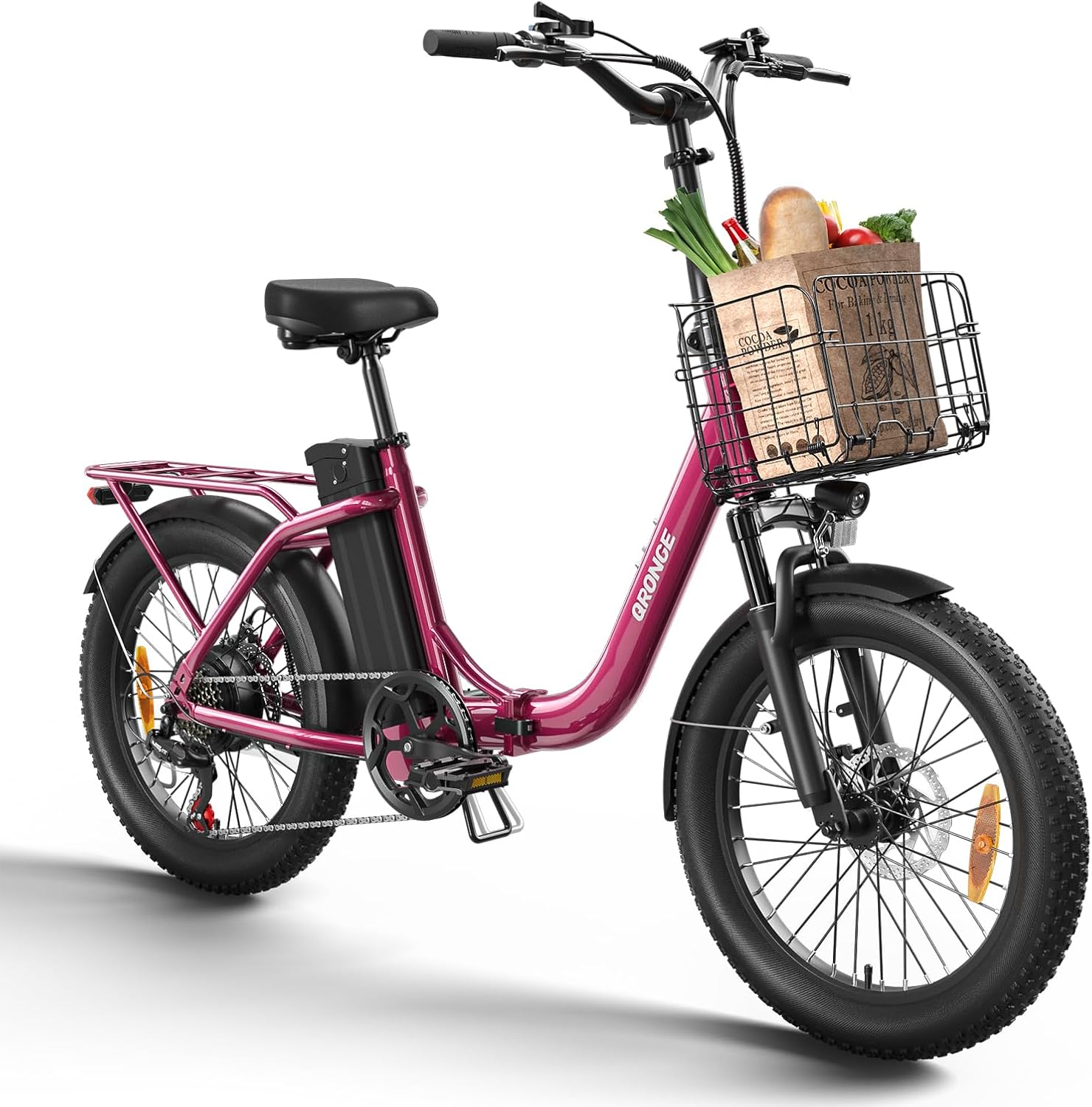 QRONGE Electric Bike, 1000W Peak Folding Electric Bike, 486Wh 70 Miles Range Ebike, 20" Step-Thru Bicycle with Front Basket, Waterproof Removable Battery, 7 Speed, 25 MPH Max, Rose Red