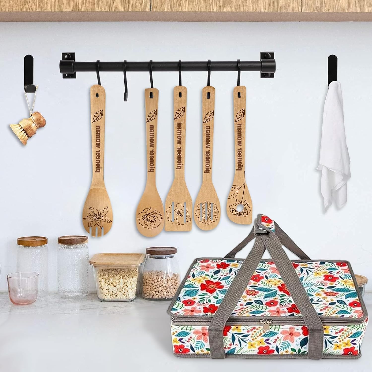 Pioneer Woman Style Insulated Casserole Carrier with 5 Wooden Spoons Set, Thermal Food Bag for Hot/Cold Food, Fits 9"x13" Baking Pan, Floral Kitchen Stuff Birthday Gift for Wife, Mother's Day.6 PCS - Image 3